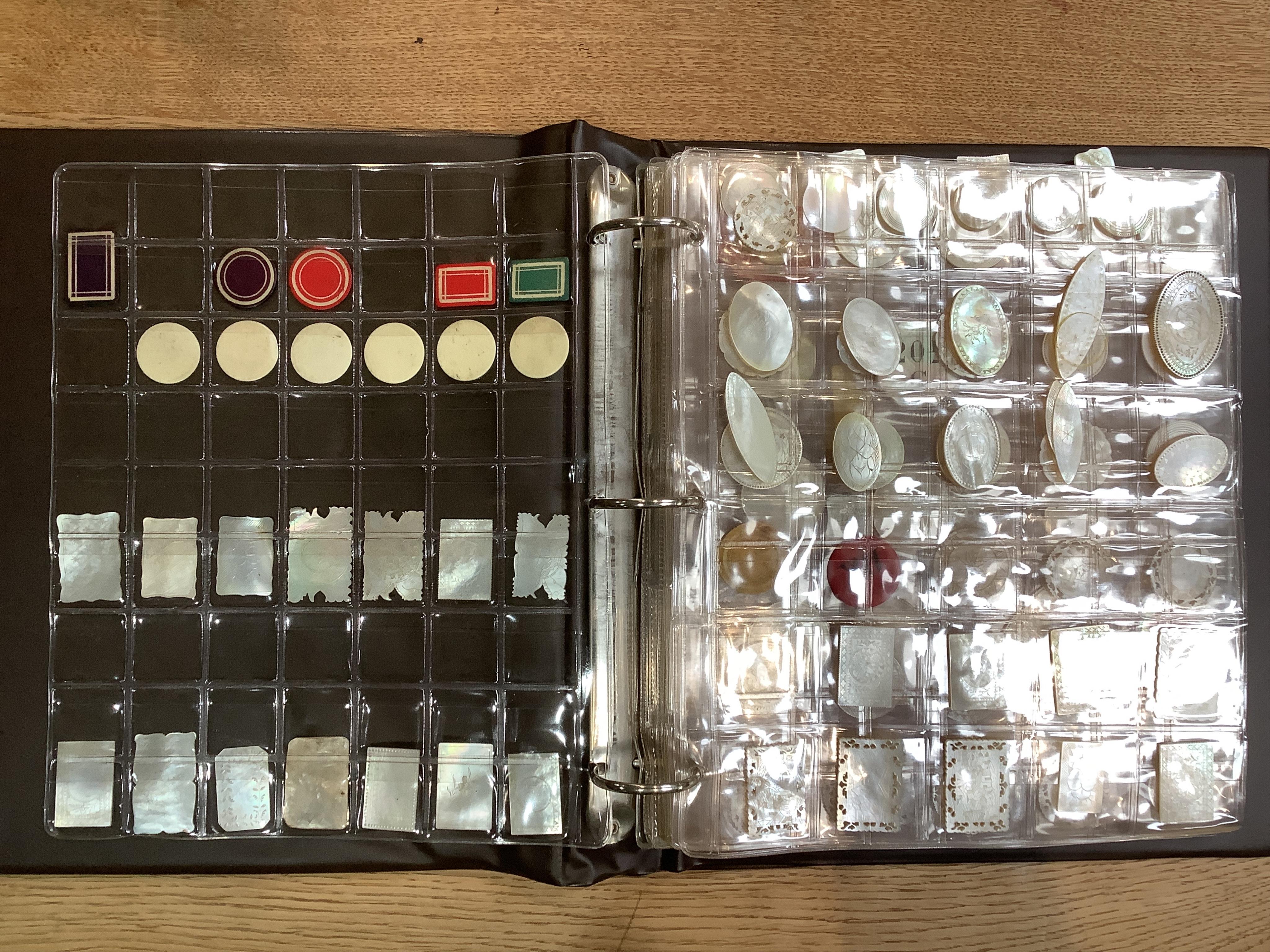 An extensive collection of Chinese mother of pearl gaming counters, in an album. Condition - the majority of the counters in good condition, occasional examples with tiny splinter edge chips